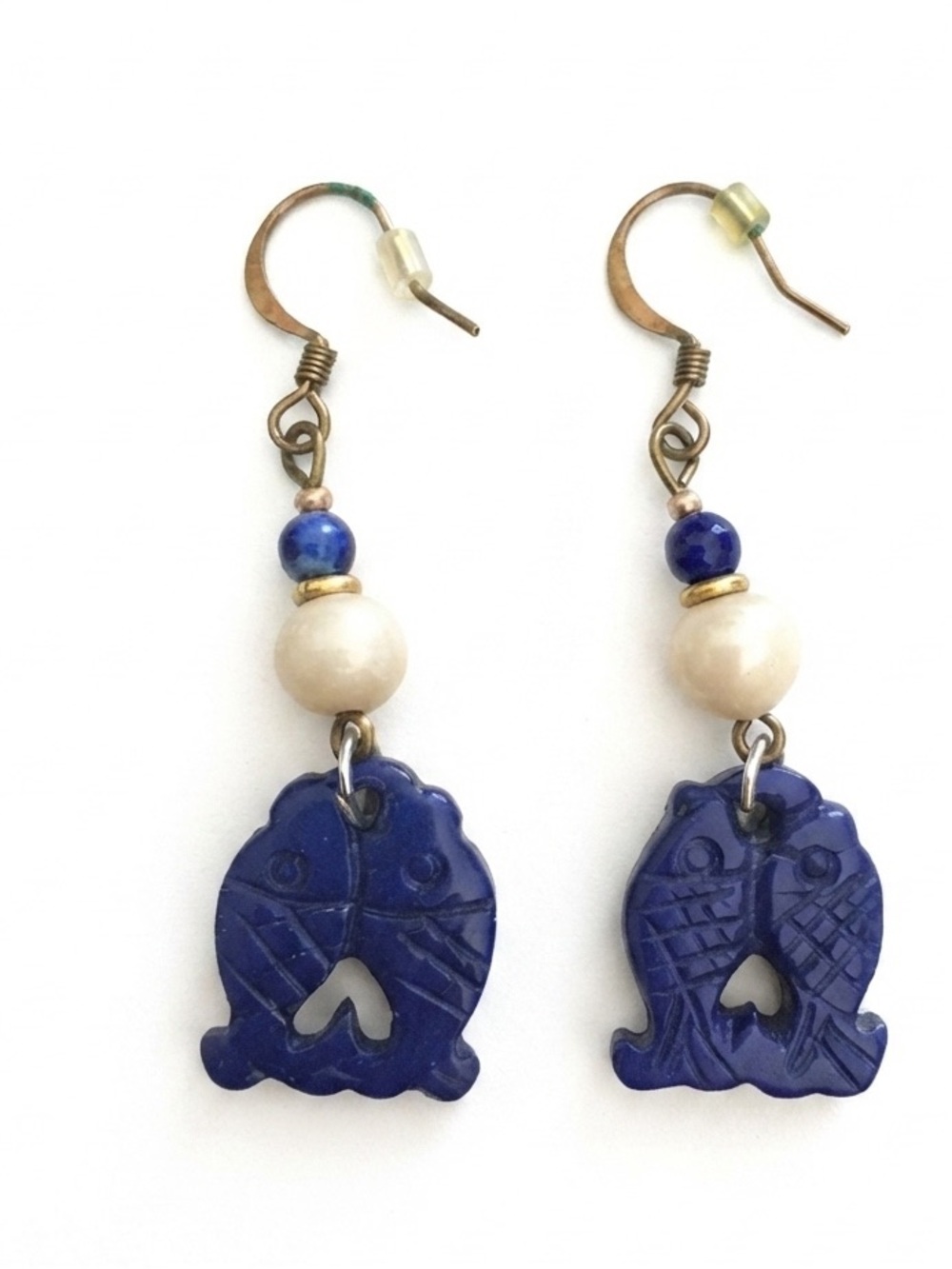 Boho Chic Lapis Blue Carved Fish Beaded Dangle Earrings Nautical